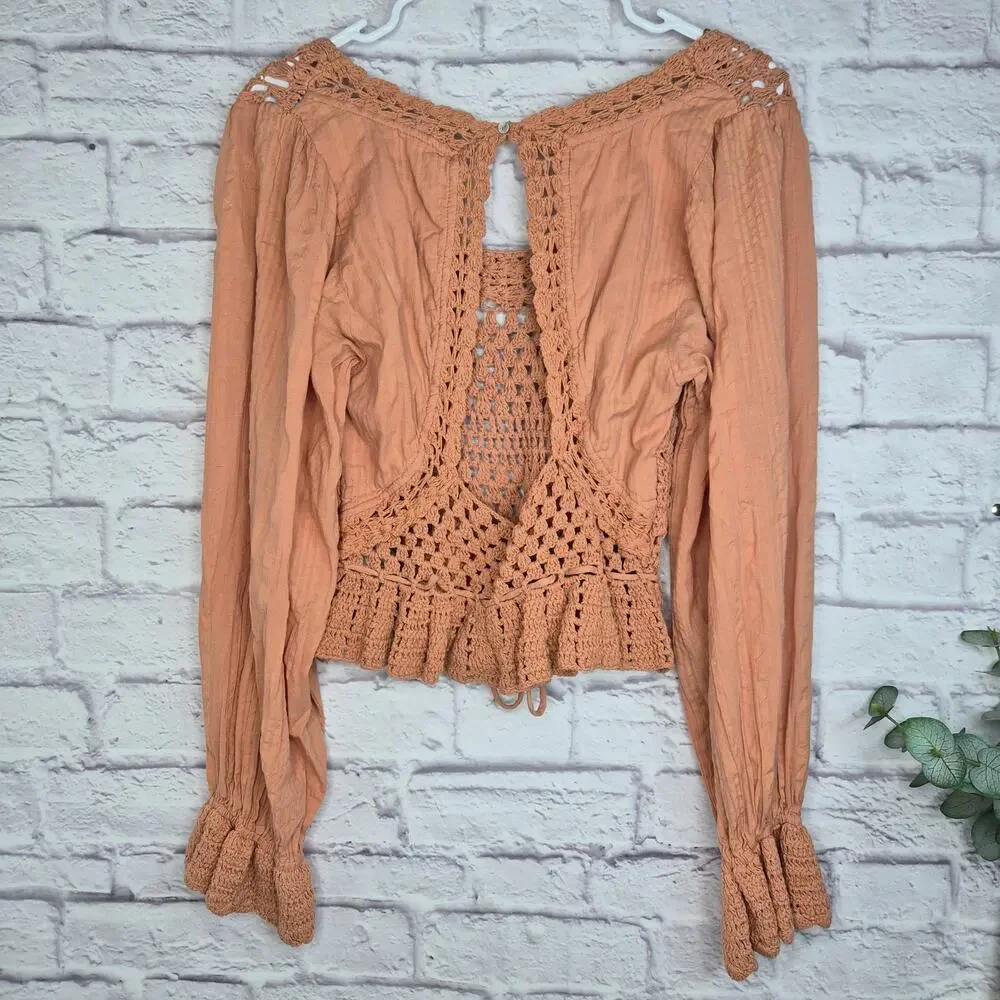 Free People Megan Crochet Peplum Blouse Open Back Boho Top Terracotta Gauze S